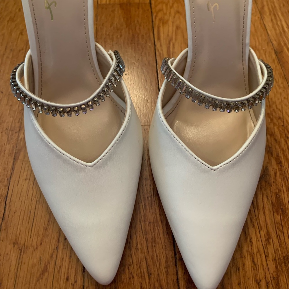 Size 7.5 white wedding mule heels